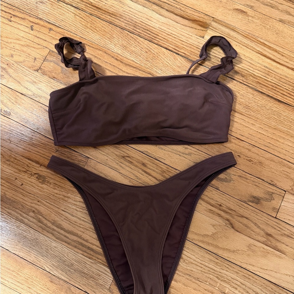 Abercrombie & Fitch Ribbed Bikini Size M Brown Neutral Textured Set